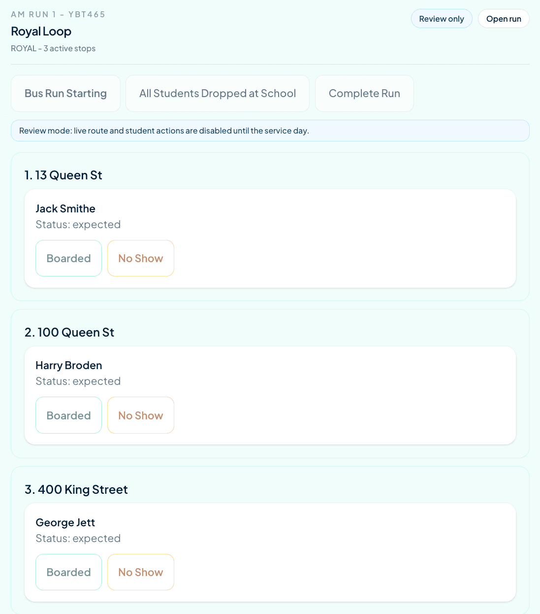 Driver Route Operations screen cropped to show stop order, student list, and Boarded and No Show actions.