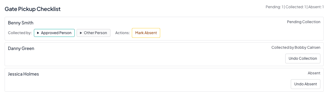 Gate Pickup checklist showing approved collector options, collection status, and absence controls.